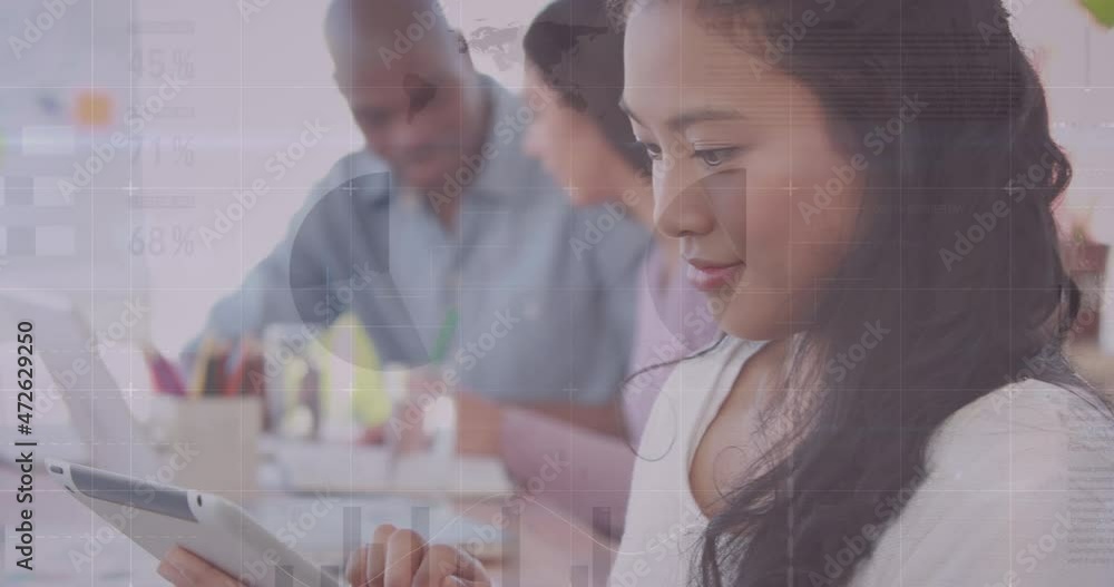 Poster animation of statistics and data processing over businesswoman using tablet