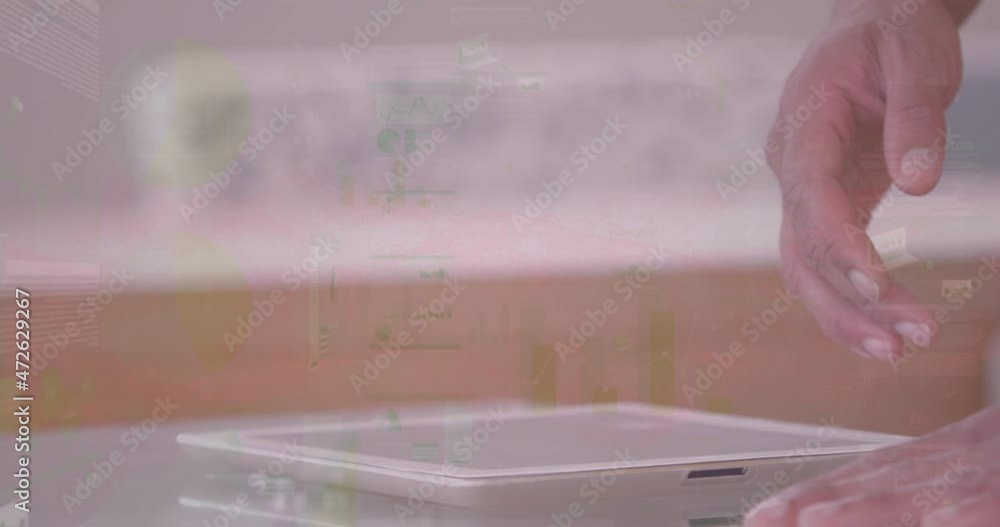 Poster animation of financial data processing over businessman using tablet