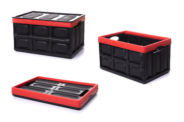 Black and red plastic crate box isolated on white