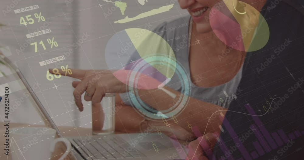 Poster animation of statistics and data processing over business people using laptop at meeting