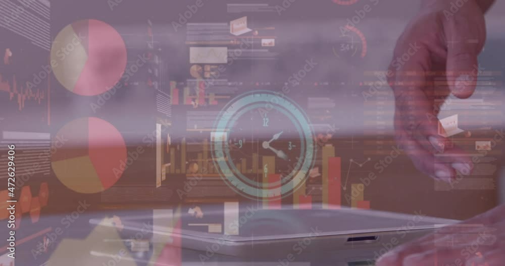 Poster animation of clock and financial data processing over businessman using tablet