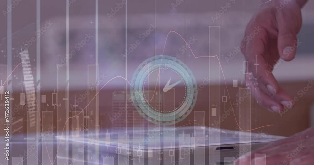 Poster animation of clock, financial data processing over businessman using tablet