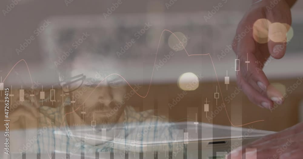 Poster animation of statistics and financial data processing over businessman using tablet