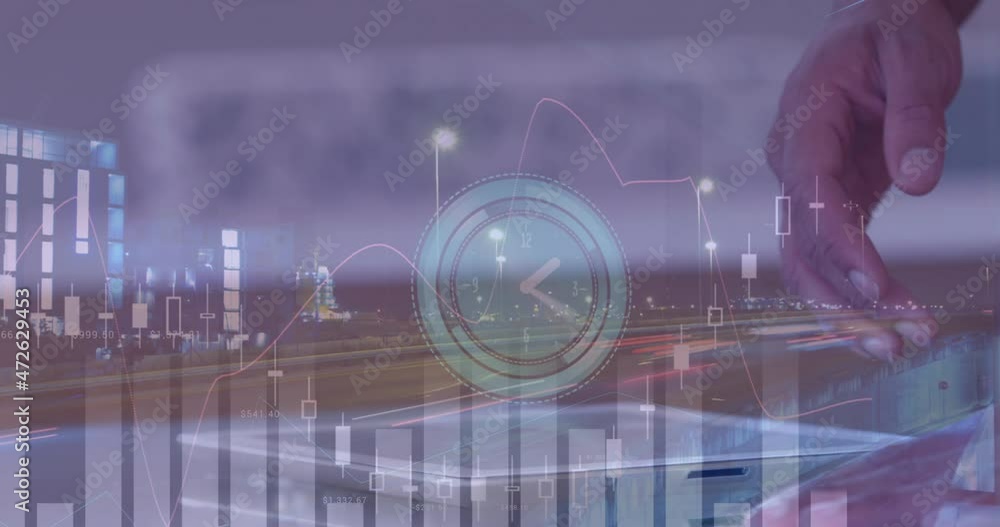 Poster animation of clock, statistics and data processing over businesswoman using tablet