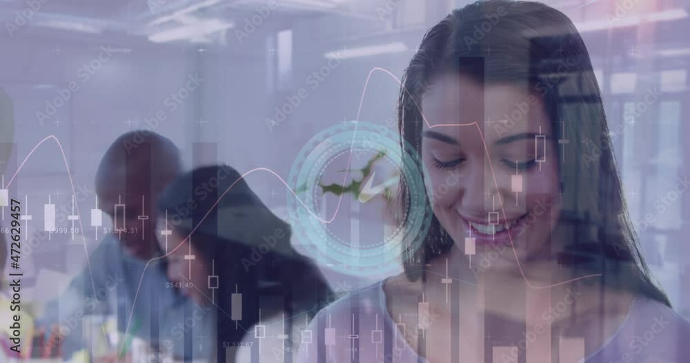 Poster animation of clock, statistics and financial data processing over businesswoman using tablet