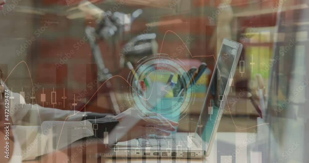 Poster animation of clock, statistics and data processing over business people using computers