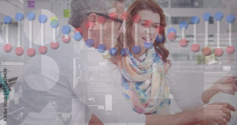 Poster animation of dna strand and financial data processing over business people using computer
