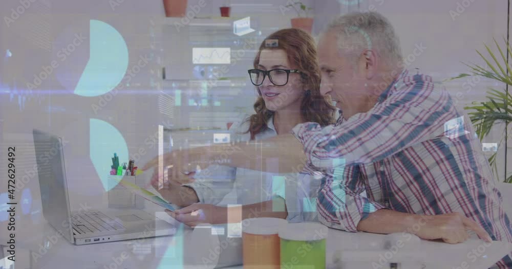 Poster animation of statistics and data processing over business people using laptop in meeting