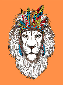 Beautiful lion head in boho style . Illustration in a hand-drawn style. Wild animal in indian headdress. Stylish image for printing on any surface