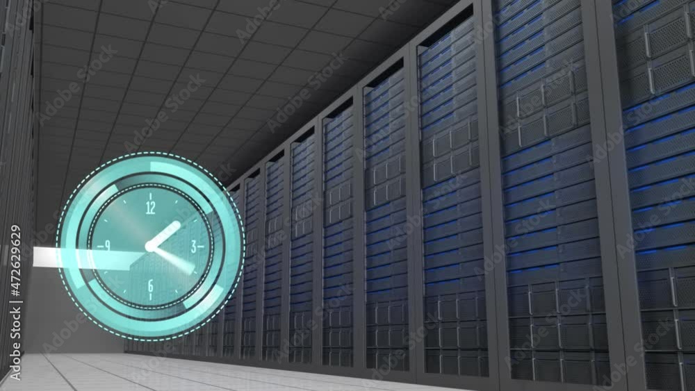 Poster animation of clock moving fast over tech room with computer servers