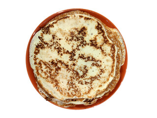 thin pancakes in a plate, top view, isolate on a white background