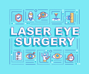 Fototapeta na wymiar Laser eye surgery word concepts banner. Fast and safe operation. Infographics with linear icons on blue background. Isolated creative typography. Vector outline color illustration with text