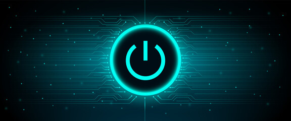 Power button blue glowing neon on security cyber connection technology background.