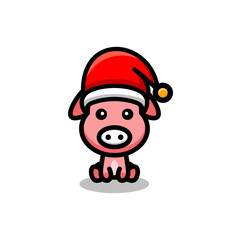 Simple pig with a christmas hat in white background , vector logo design template
