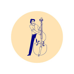 Circle icon with musician with glasses playing on contrabass line art style isolated vector illustration