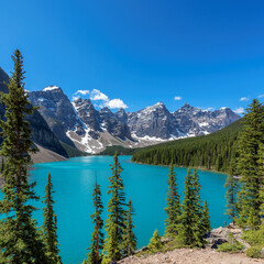 Fototapeta na wymiar Beautiful turquoise waters of the Moraine Lake with snow-covered peaks above it in Rocky Mountains, Banff National Park, Canada. 