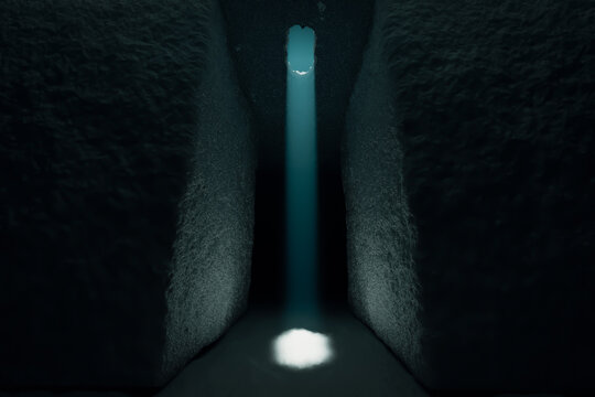 CUARTO DE PIEDRA CON ABERTURA SUPERIOR Y RAYO DE LUZ , 3D RENDER