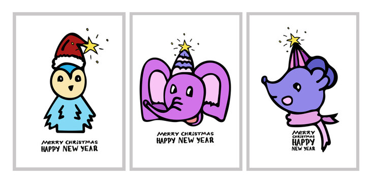 A set of cards for Christmas and New Year with a colorful penguin, elephant, a mouse in a cap with a glowing star and a scarf.Lettering with the inscription Merry Christmas and Happy New Year. Vector