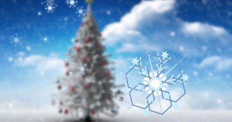 Composite image of snowflakes and christmas tree against cloudy sky with copy space
