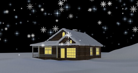 Composition of snowflakes and snow covered illuminated house against night sky, copy space