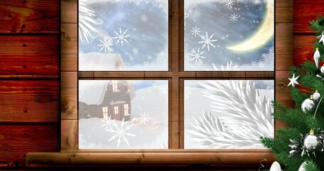 Vector image of snow covered house seen through window, copy space