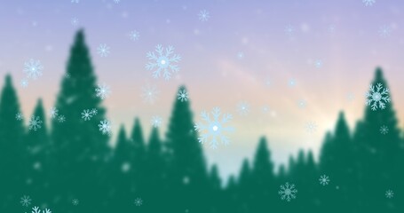 Composite image of snowflakes and christmas trees against sky with copy space