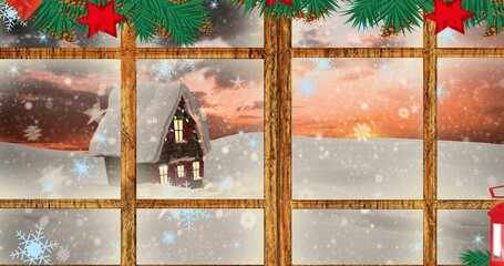 Naklejka premium Composite image of snow covered house seen through decorated window in christmas, copy space
