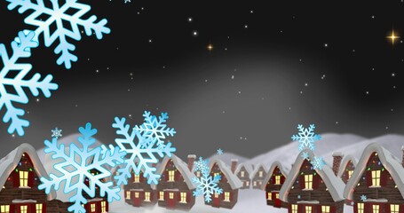 Composition of snowflakes and snow covered houses against star field at night, copy space