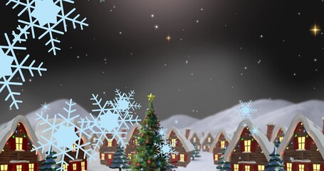 Composition of snowflakes and snow covered houses against sky at night, copy space