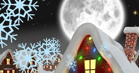 Fototapeta premium Composition of snowflakes and snow covered houses against full moon at night, copy space