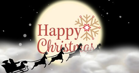 Composition of christmas greeting with santa sleigh over full moon at night, copy space