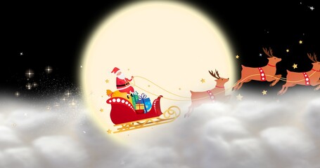 Fototapeta premium Composition of santa sleigh over clouds against full moon at night with copy space