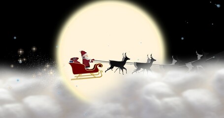 Fototapeta premium Composite image of santa sleigh against yellow full moon at night with copy space
