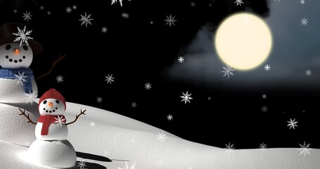 Fototapeta premium Composite image of snowmen in full moon night with copy space