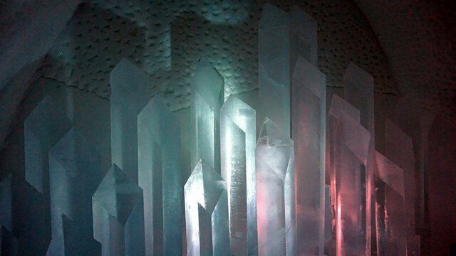 Jukkasjarvi, Sweden, February 27, 2020. one of the sculptures of Ice hotel
