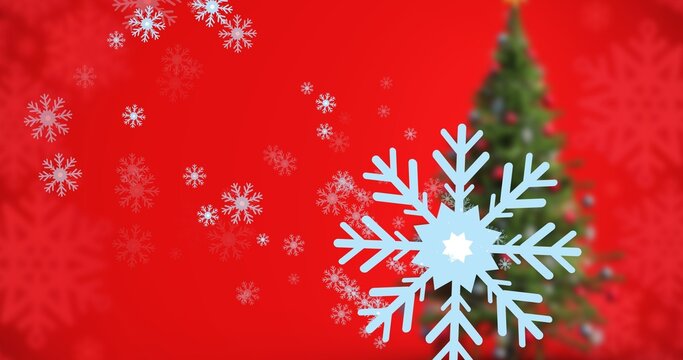 Digital composite image of snowflakes and christmas tree against red background with copy space