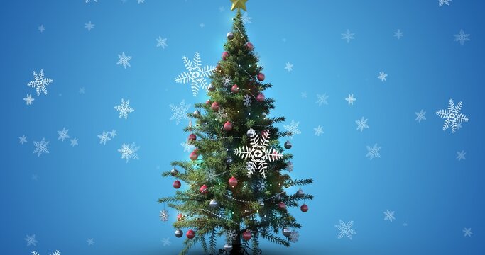 Digital composite image of christmas tree and snowflakes against blue background with copy space