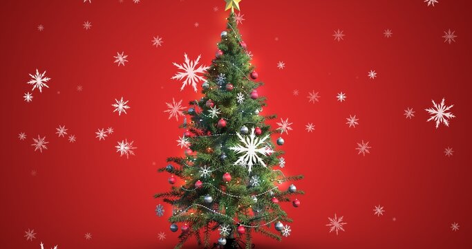 Composite image of christmas tree and snowflakes against red background with copy space