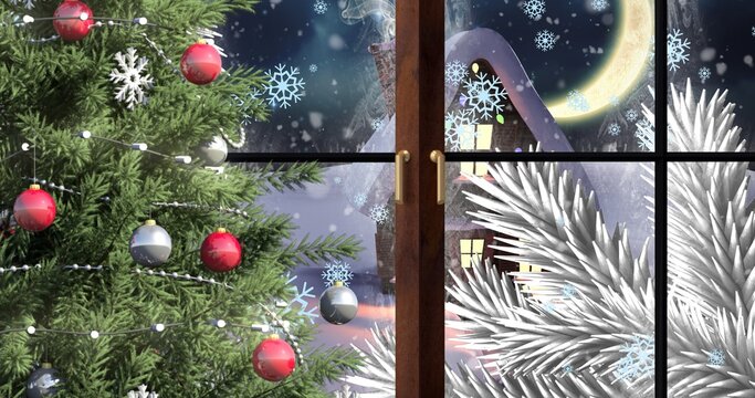 Composite image of decorated christmas tree at window in winter, copy space