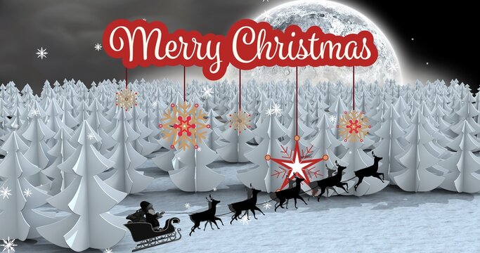 Composite image of christmas greeting and santa sleigh with snow covered trees at night
