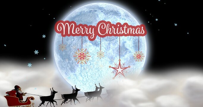Digital composite image of christmas greeting with santa sleigh and full moon at night, copy space