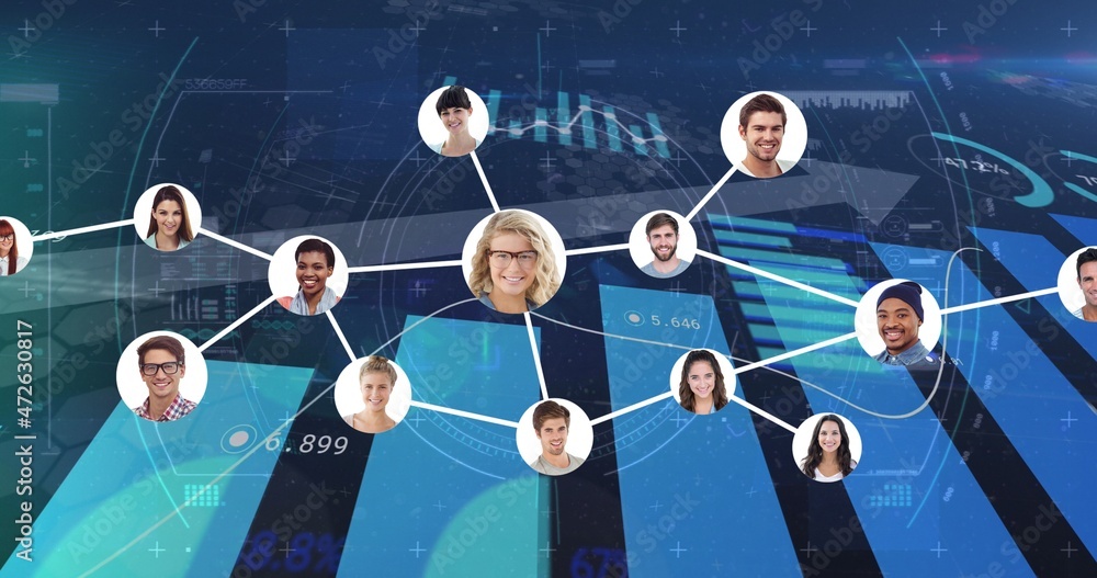 Poster composition of people connected globally through networking with graphical charts in background
