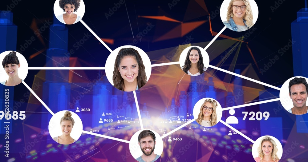 Poster composite image of multiracial people connected through networking against abstract background