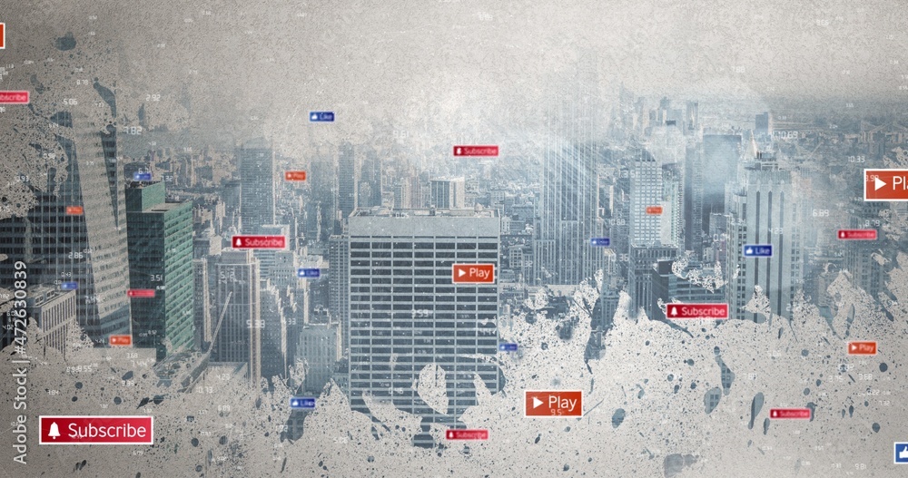 Poster digital composite image of interactive technologies with cityscape in background, copy space
