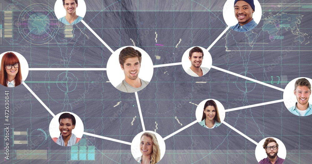 Poster composite image of happy multiracial people connected globally through digital networking