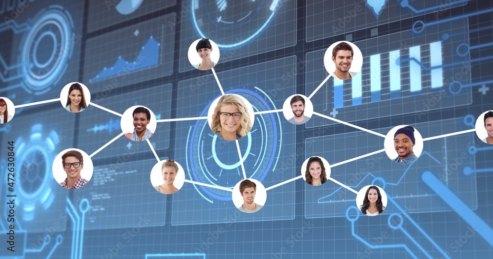 Poster composite image of multiracial people connected through networking with interface in background