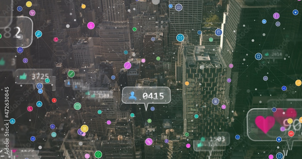 Poster composite image of interactive technologies with cityscape in background, copy space
