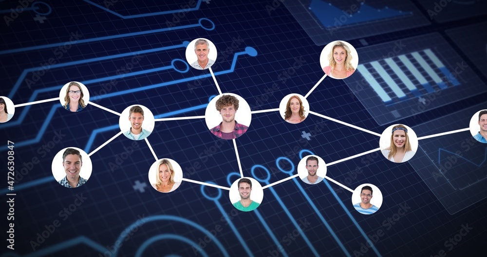 Poster composite image of people connected through digital networking with computer interface in background