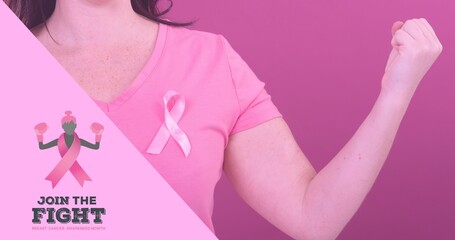 Composite image of woman with breast cancer awareness ribbon on pink background, copy space