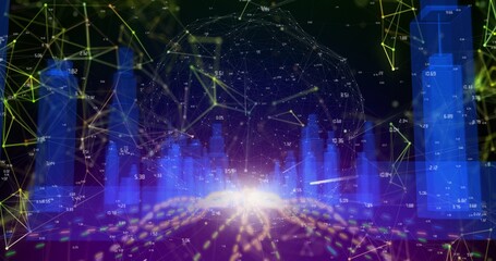 Digitally generated image of global connections with modern towers in background